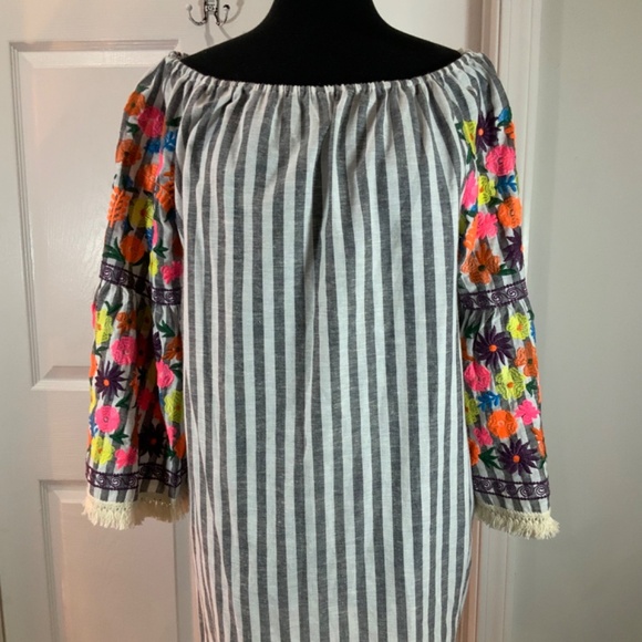 Philosophy Embroidered Linen Blend Boho Peasant Stripe Dress Size Large - Picture 2 of 8